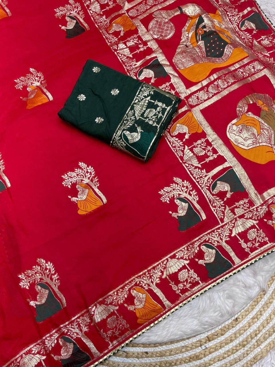 Red Bhandhej Weaving Banarasi Silk Saree with Rich Zari Border