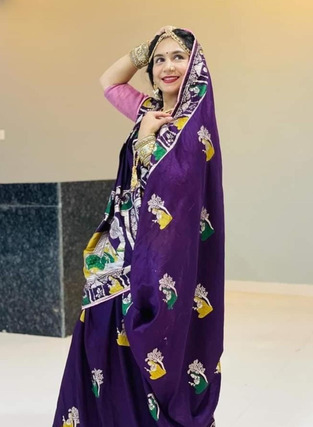 Purple Rajasthani Lady Print Saree – Traditional Art Silk Saree