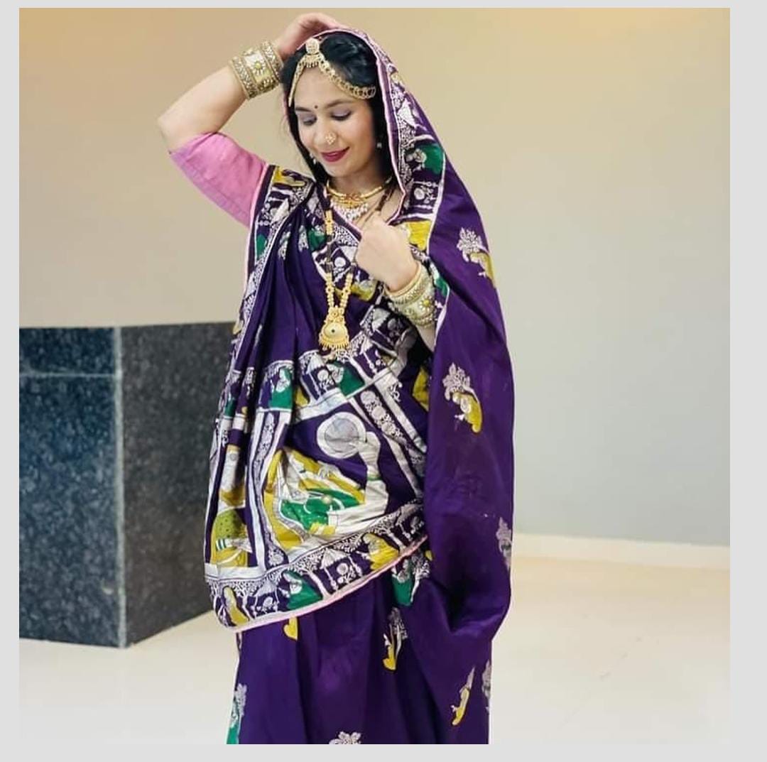 Purple Rajasthani Lady Print Saree – Traditional Art Silk Saree