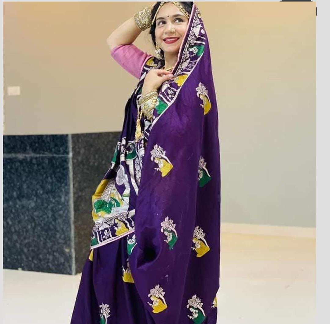 Purple Rajasthani Lady Print Saree – Traditional Art Silk Saree