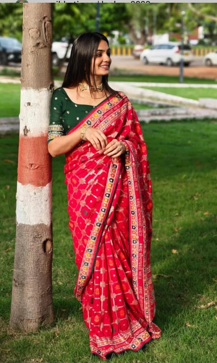 Red Bandhej Print Saree with Rajasthani Border – Traditional Festive Wear
