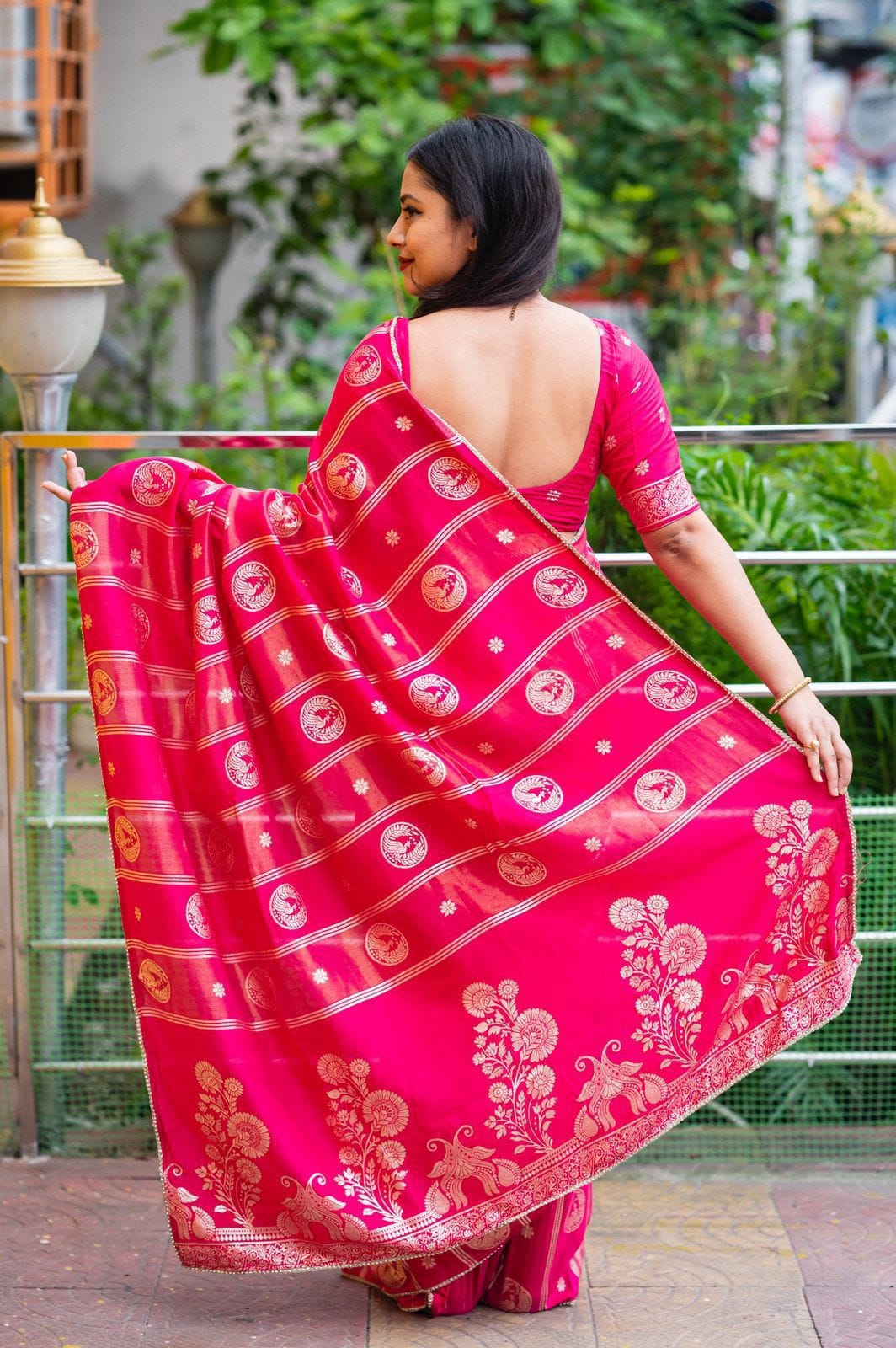 Rani Pink Banarasi Style Zari Woven Saree – Peacock Motif & Floral Border