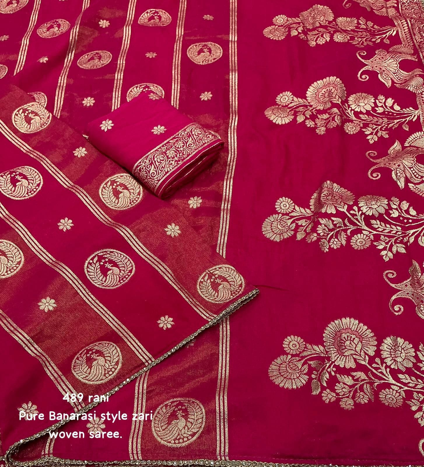 Rani Pink Banarasi Style Zari Woven Saree – Peacock Motif & Floral Border