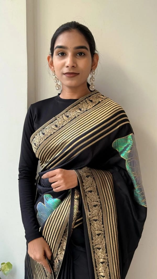 Black Silk Blend Saree with Gold Zari Border & Green Lotus Pallu | Elegant Party & Festive Wear Saree