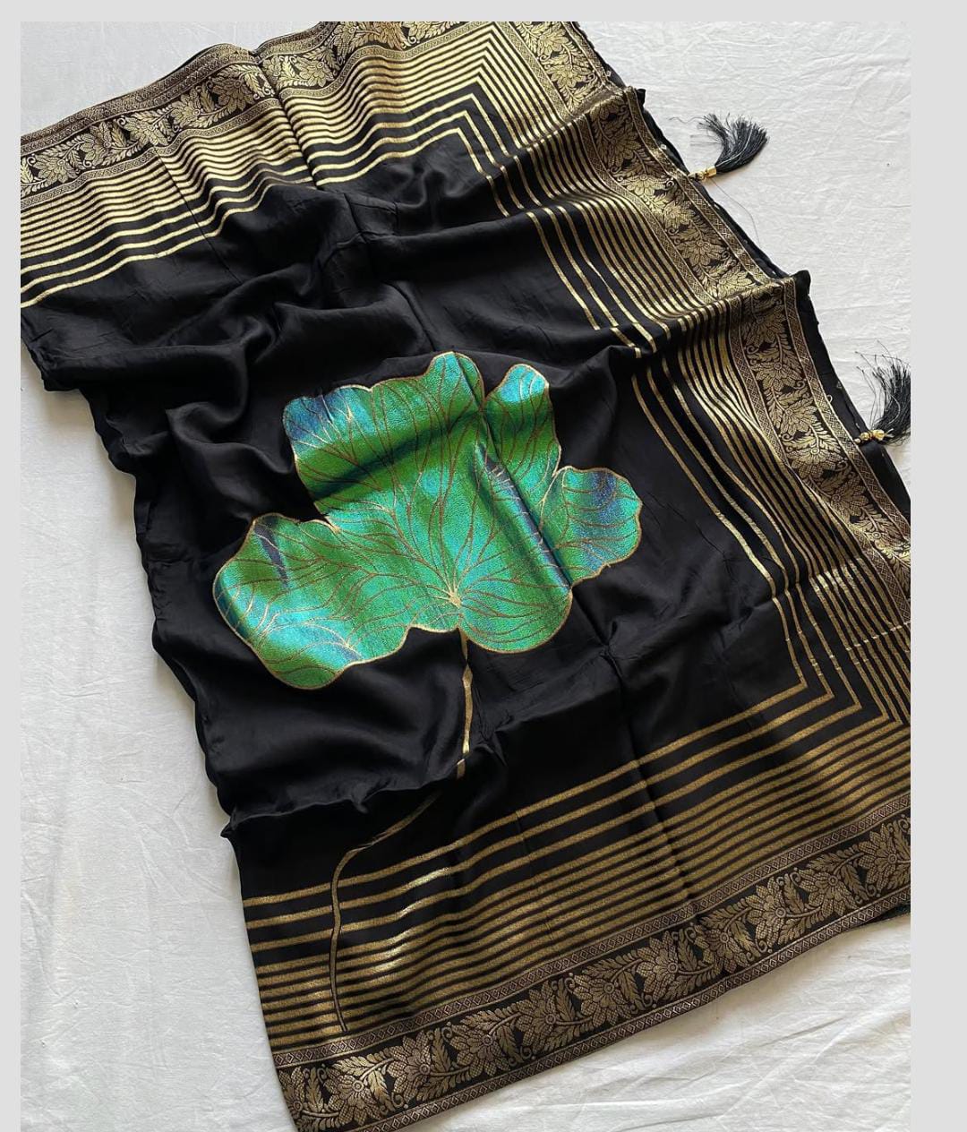 Black Silk Blend Saree with Gold Zari Border & Green Lotus Pallu | Elegant Party & Festive Wear Saree