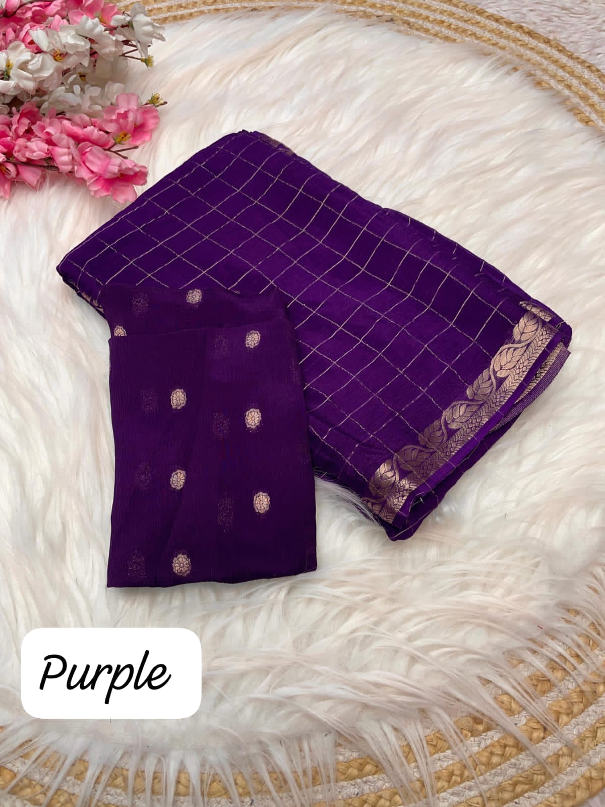 Royal Purple Cotton Silk Saree with Golden Border & Blouse Piece | Elegant Daily & Festive Wear Saree
