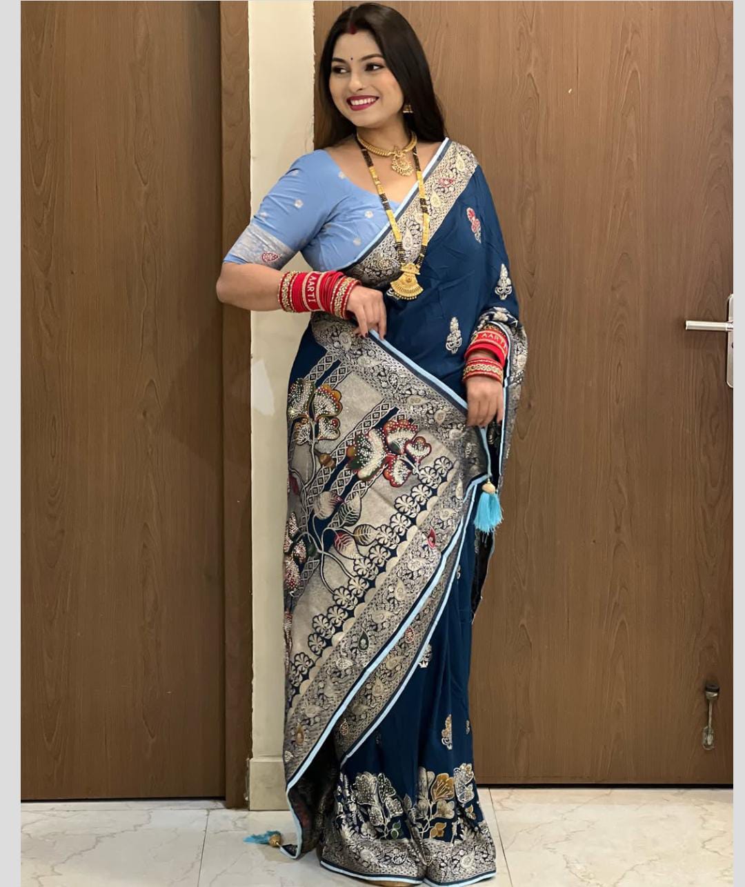 Navy Blue Cotton Silk Saree with Floral Border & Blouse Piece | Elegant Festive & Party Wear Saree