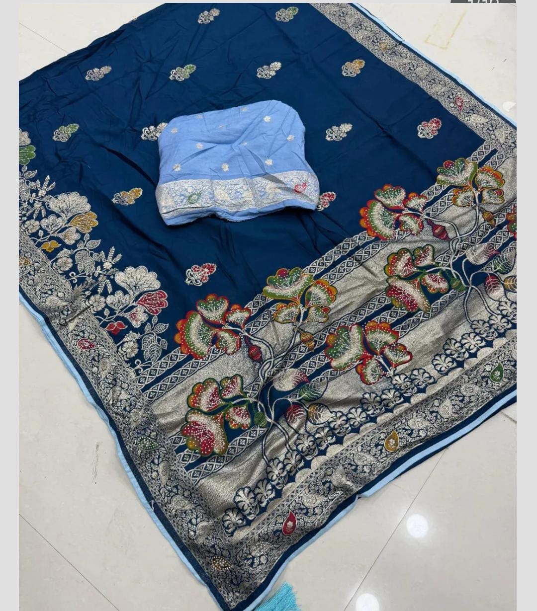 Navy Blue Cotton Silk Saree with Floral Border & Blouse Piece | Elegant Festive & Party Wear Saree